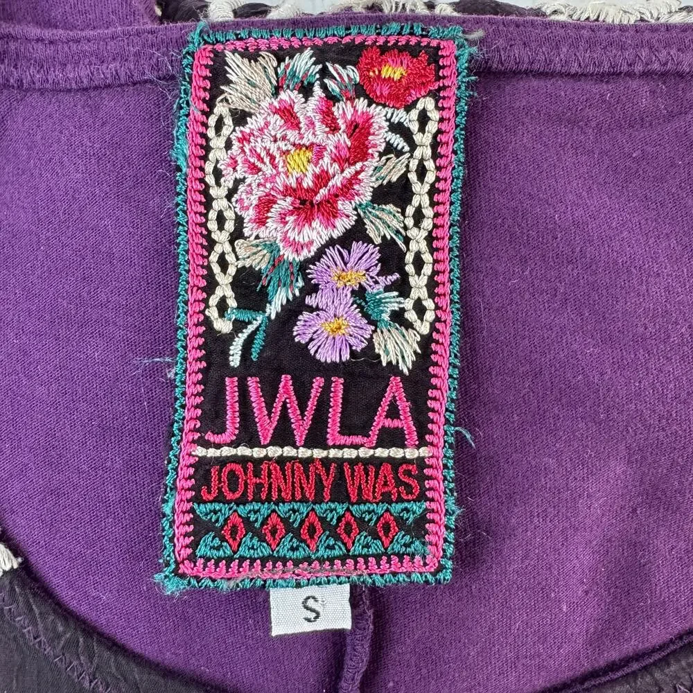 Johnny Was Dark Purple Embroidered 3/4 Sleeve Tunic Boho Cupra Cotton Size Small